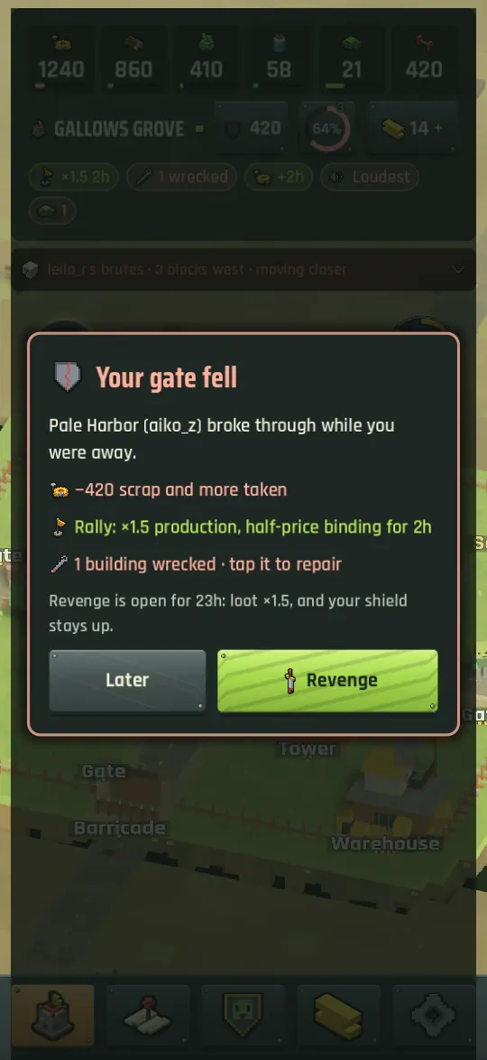 The post-defeat card listing what was lost, the shield and rally granted, and a Revenge button