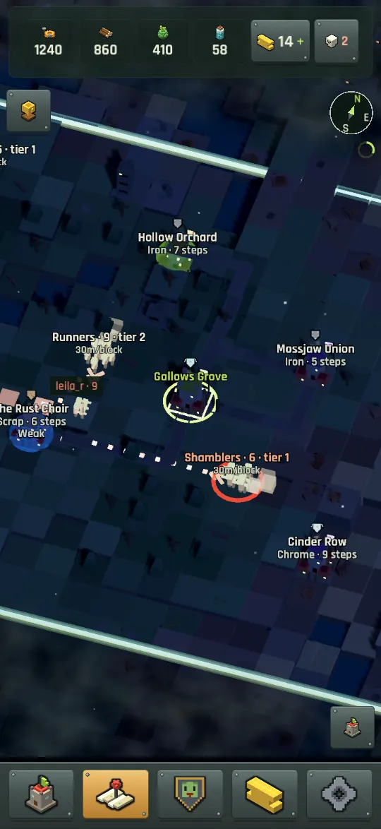 The realm map at night with glowing settlements