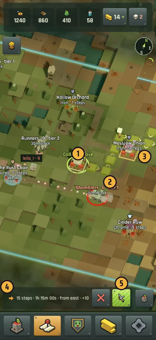 The realm map with a planned raid route drawn as raised arrow tiles to a rival village
