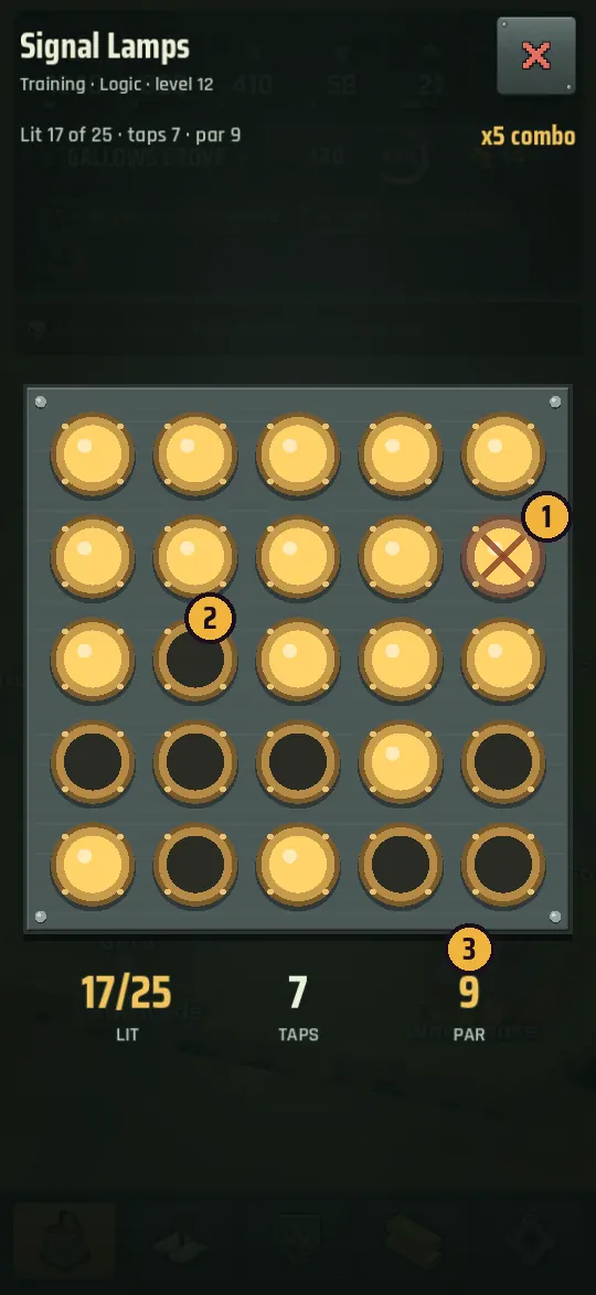 The Signal Lamps puzzle: a steel panel of brass lamps, some lit and some dark