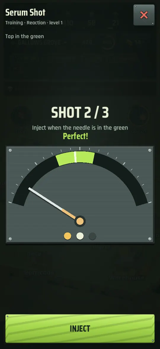 The Serum Shot mini-game: a needle sweeping a gauge with a green target band