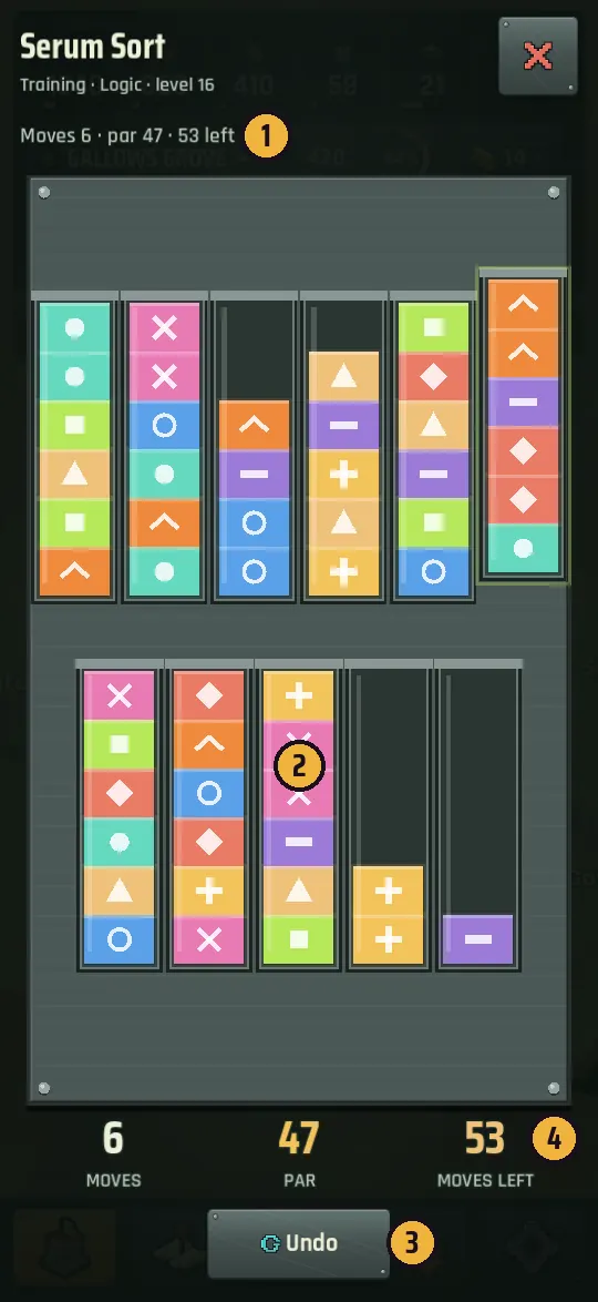 The Serum Sort puzzle: glass vials holding stacked colours of serum, each colour marked with its own symbol