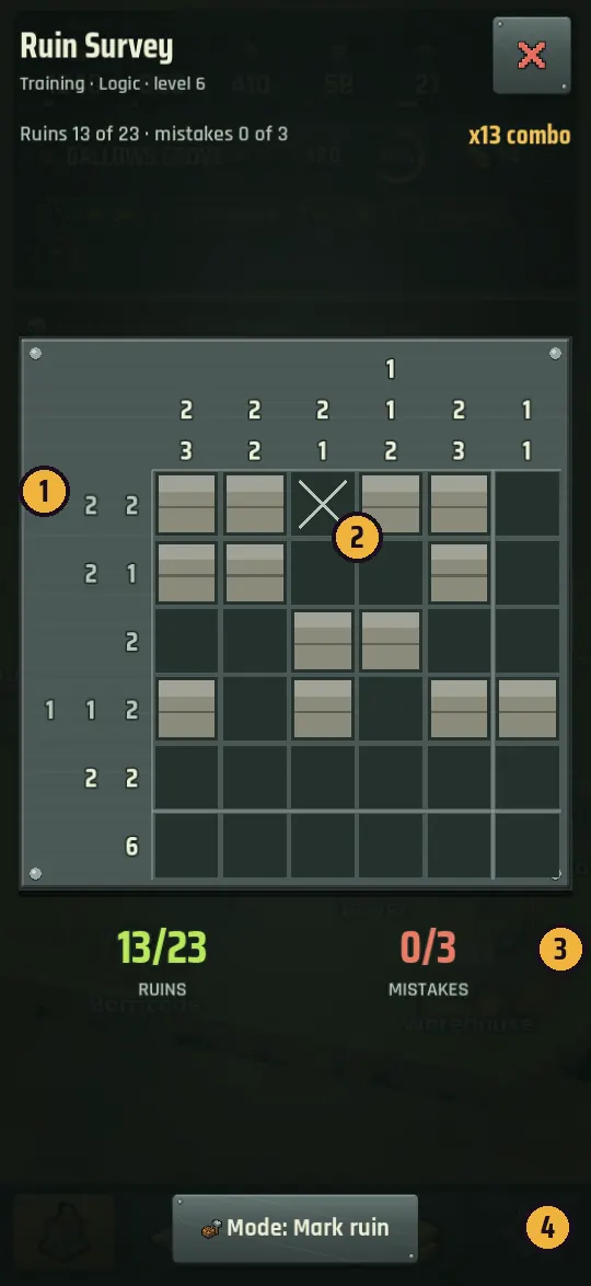 The Ruin Survey puzzle: a grid with number clues on each row and column and some cells marked as ruins