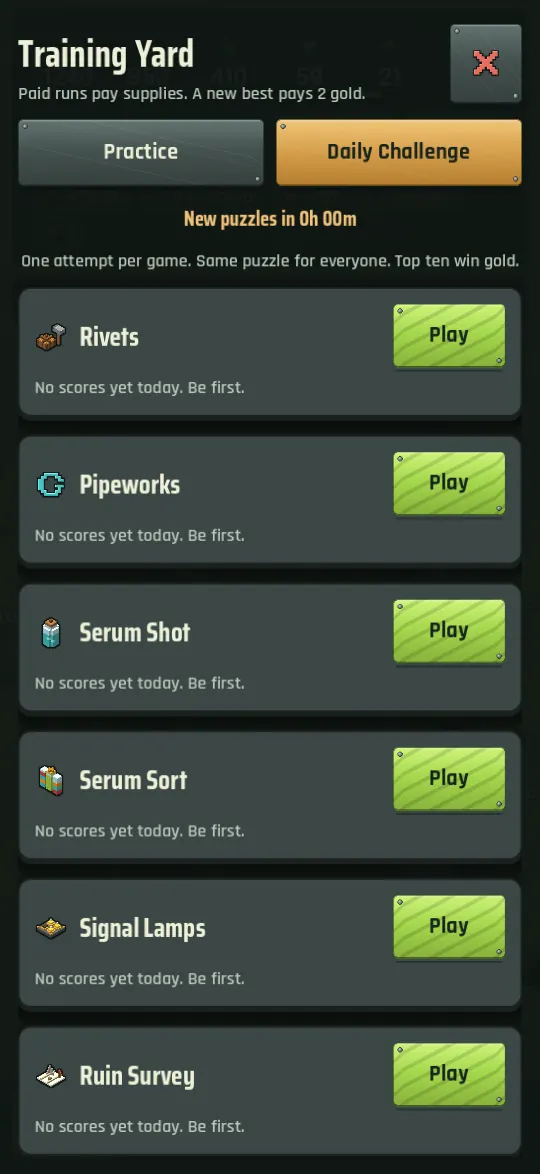 The Daily Challenge tab with three daily leaderboards and a countdown