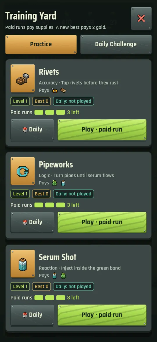 The Training Yard with three game cards showing level, best score and paid runs left