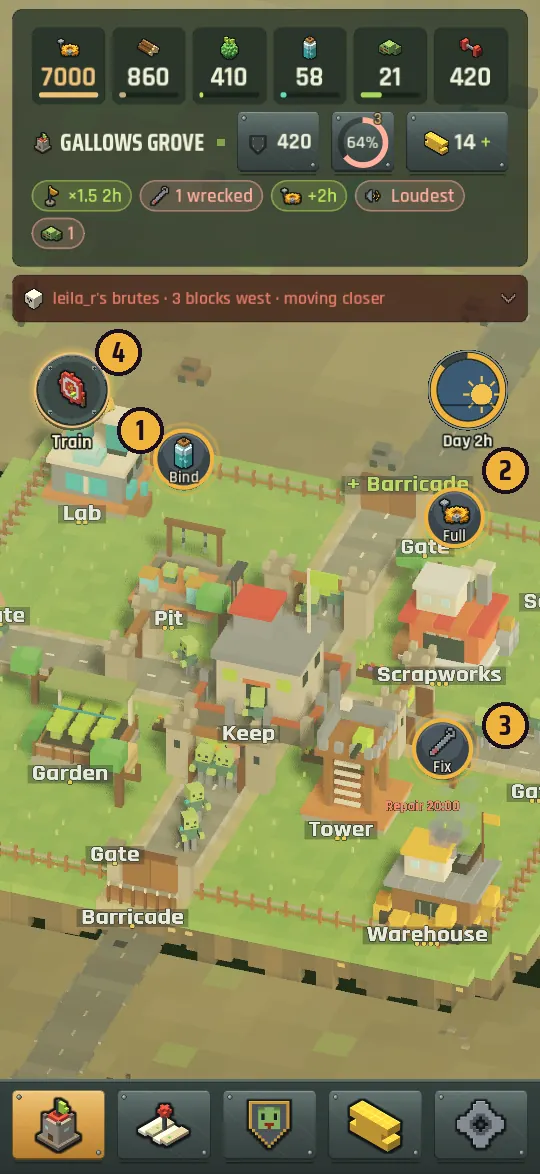A village with action coins showing what needs attention