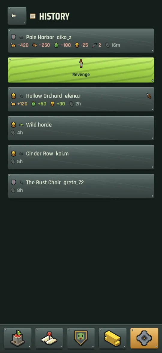Raid history with a Revenge button on a lost defense