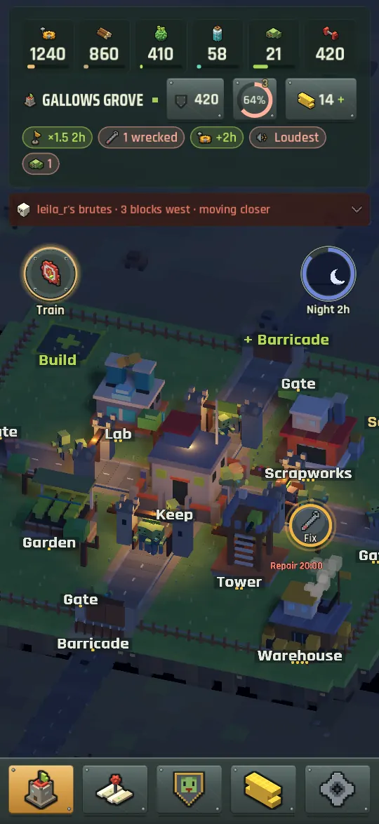 The village at night with lamps at the keep and gatehouses