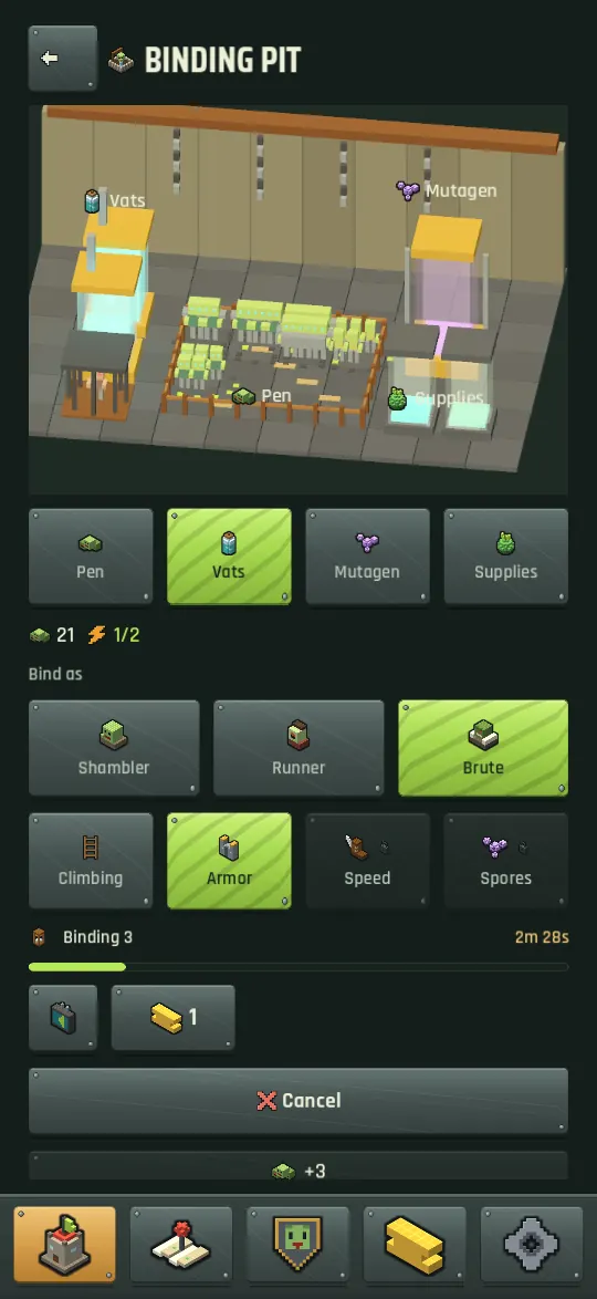 The Binding Pit page: the pen of squads, the binding vats and cage, the mutagen chamber, and the strain and trait choices