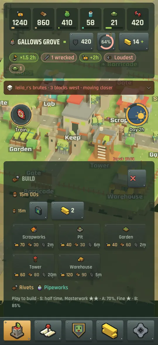 The build picker open on an empty pad, listing the buildings you can afford