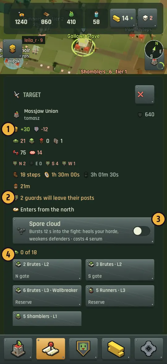 The raid target sheet with trophies at stake, the entry side, the Spore cloud switch and the squad picker