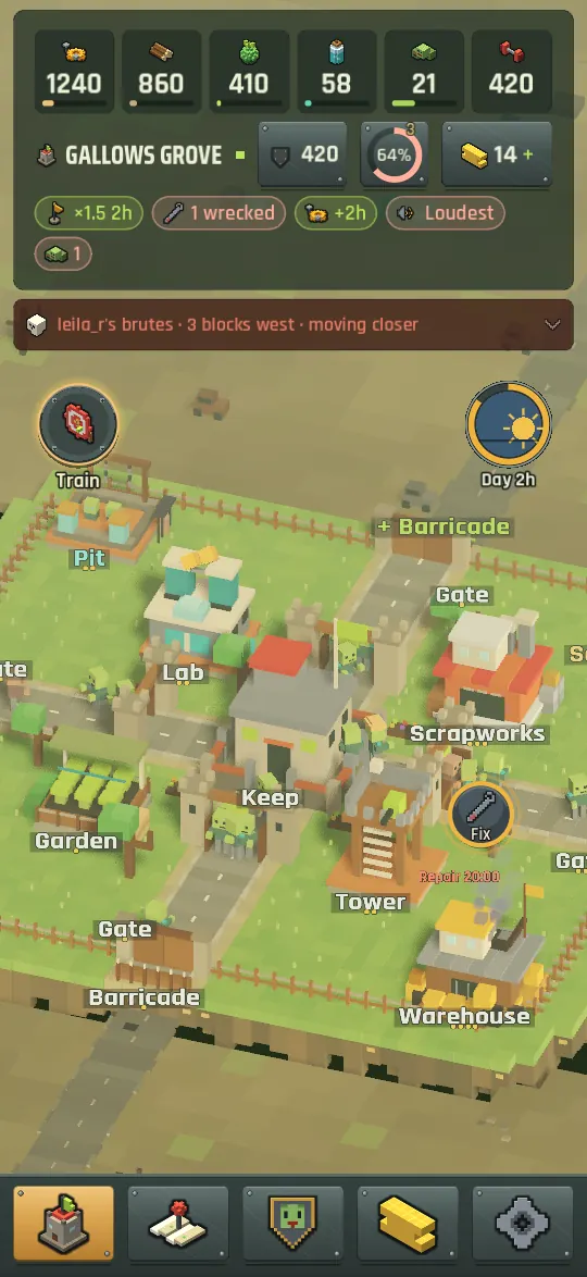 A Voxhorde village at night: the keep in the middle of a 3×3 island with buildings on the four corner pads