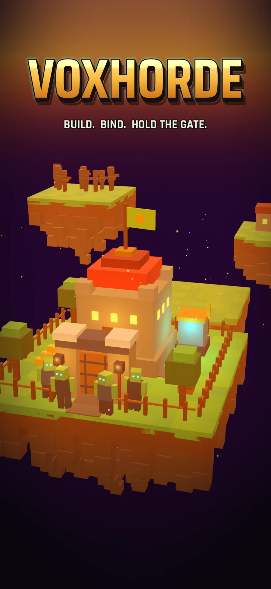 Voxhorde key art: the keep on its floating island at golden hour