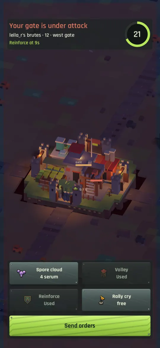 A live defense: thirty seconds on the clock to order a spore cloud, a tower volley, reinforcements or a rally cry