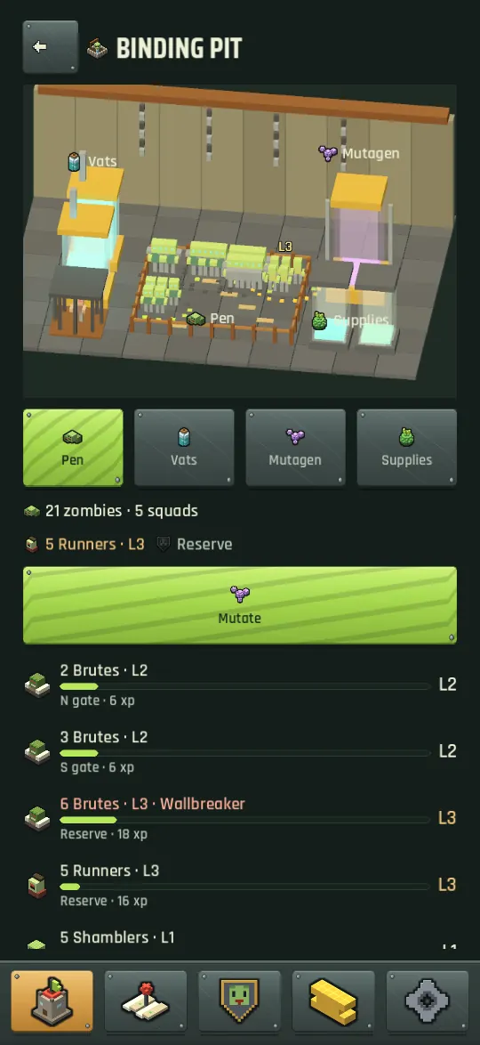 The Binding Pit screen with the pen of squads, the binding vats, strains and traits