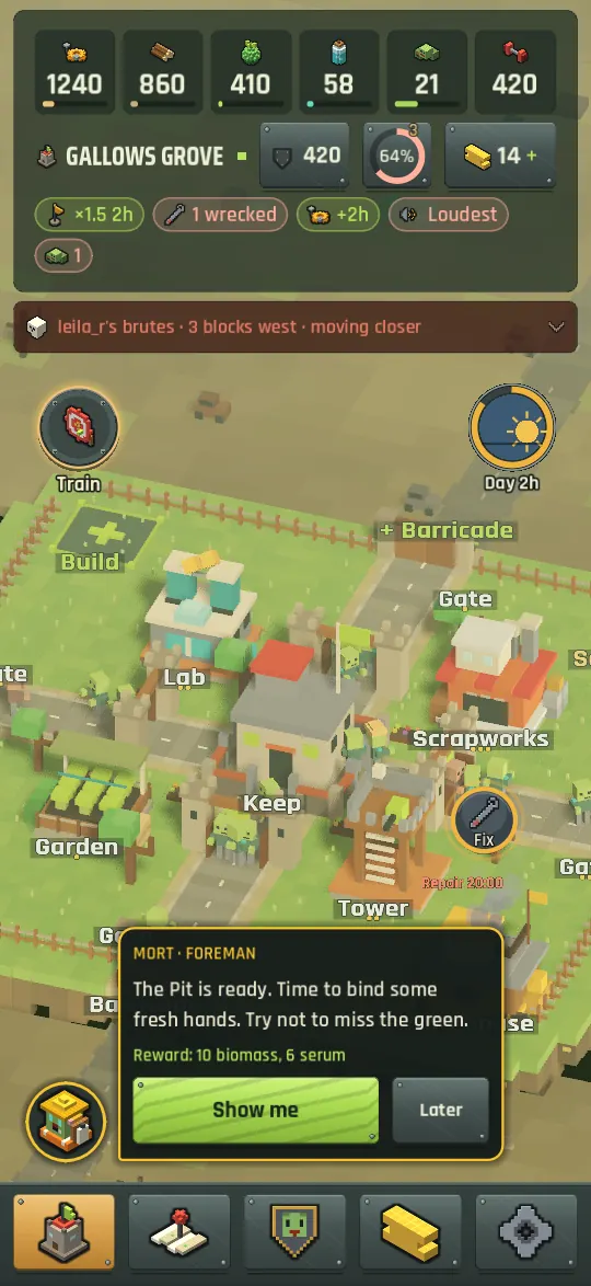 Mort, the zombie foreman, in the corner of the village with a speech bubble offering the next step