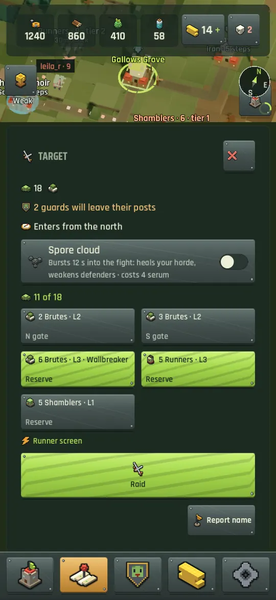 Picking squads for a raid: levelled brutes, runners and a Wallbreaker, with the synergies they unlock